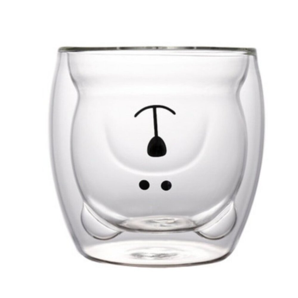 Double-Layer Clear Glass Insulated Beverage Cup Cute Teddy Bear Design NWOT